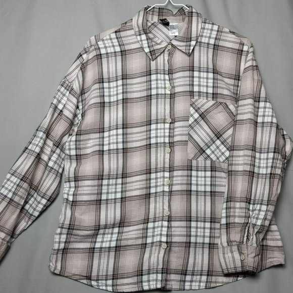 H&M Divided Plaid Long Sleeve 100% Soft Cotton Button Up‎ Beige Brown Collar XS - Picture 1 of 12